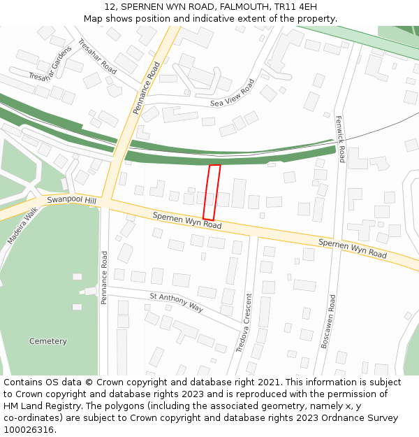 12, SPERNEN WYN ROAD, FALMOUTH, TR11 4EH: Location map and indicative extent of plot