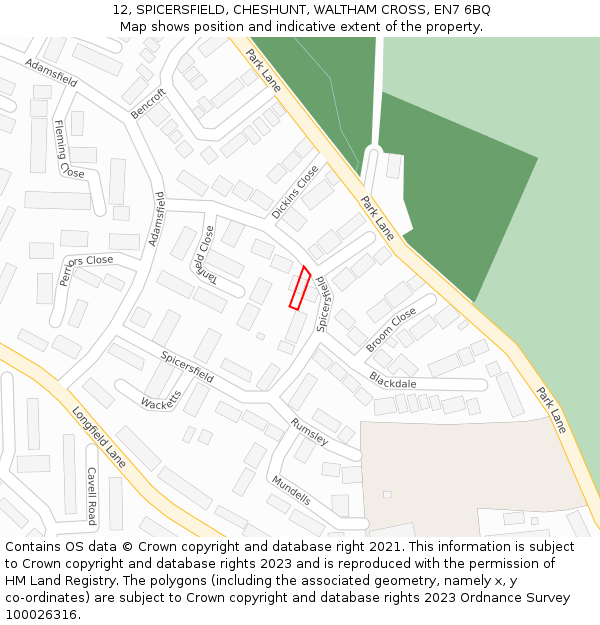 12, SPICERSFIELD, CHESHUNT, WALTHAM CROSS, EN7 6BQ: Location map and indicative extent of plot