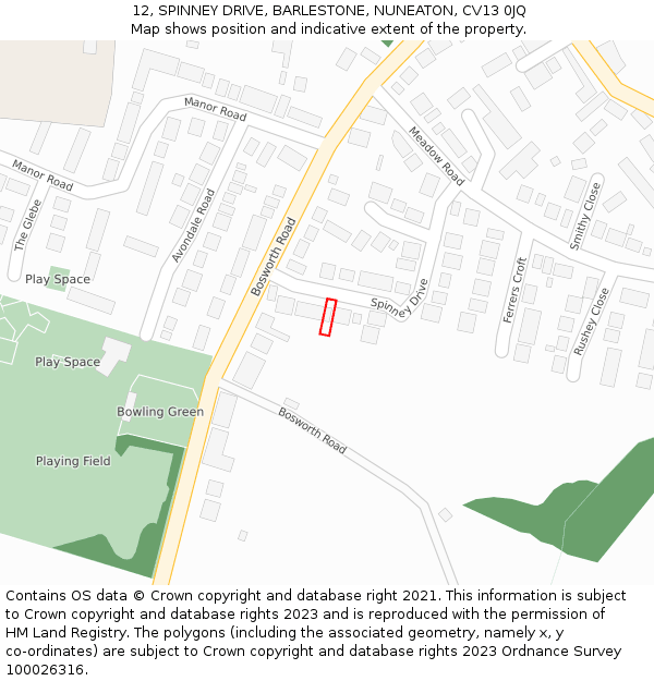 12, SPINNEY DRIVE, BARLESTONE, NUNEATON, CV13 0JQ: Location map and indicative extent of plot