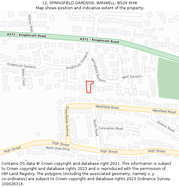 12, SPRINGFIELD GARDENS, BANWELL, BS29 6HW: Location map and indicative extent of plot