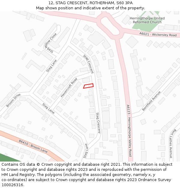 12, STAG CRESCENT, ROTHERHAM, S60 3PA: Location map and indicative extent of plot