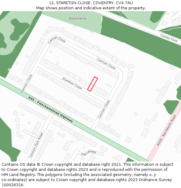 12, STARETON CLOSE, COVENTRY, CV4 7AU: Location map and indicative extent of plot