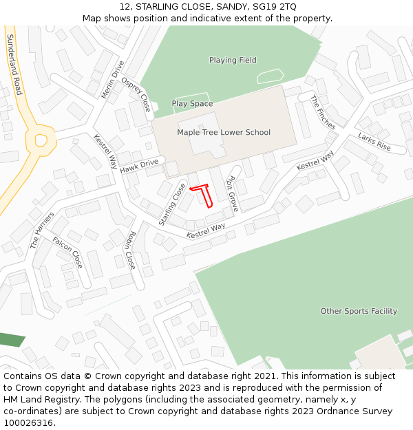 12, STARLING CLOSE, SANDY, SG19 2TQ: Location map and indicative extent of plot