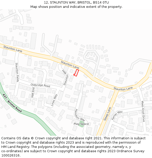 12, STAUNTON WAY, BRISTOL, BS14 0TU: Location map and indicative extent of plot