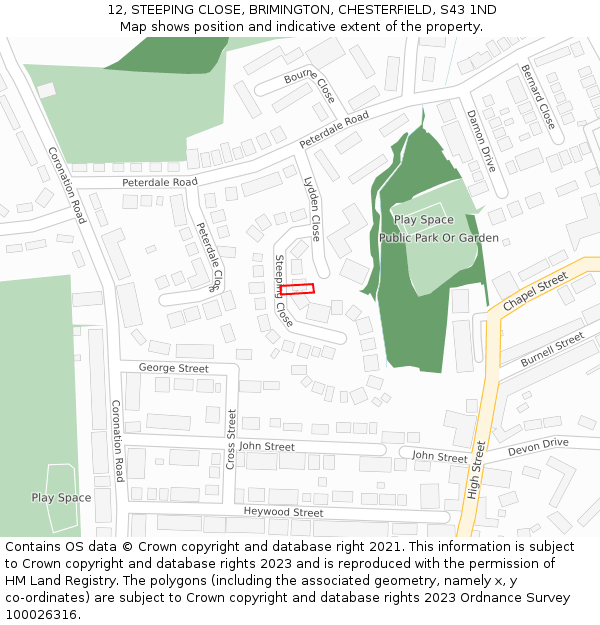 12, STEEPING CLOSE, BRIMINGTON, CHESTERFIELD, S43 1ND: Location map and indicative extent of plot