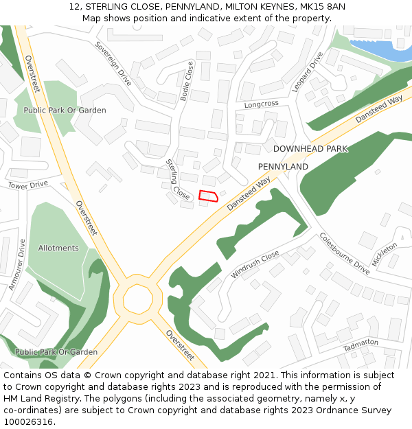 12, STERLING CLOSE, PENNYLAND, MILTON KEYNES, MK15 8AN: Location map and indicative extent of plot