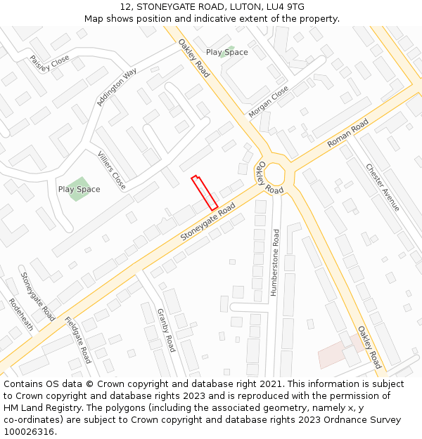 12, STONEYGATE ROAD, LUTON, LU4 9TG: Location map and indicative extent of plot