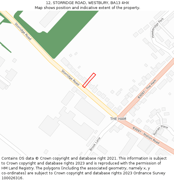 12, STORRIDGE ROAD, WESTBURY, BA13 4HX: Location map and indicative extent of plot