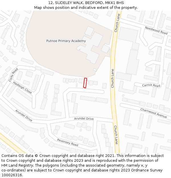 12, SUDELEY WALK, BEDFORD, MK41 8HS: Location map and indicative extent of plot