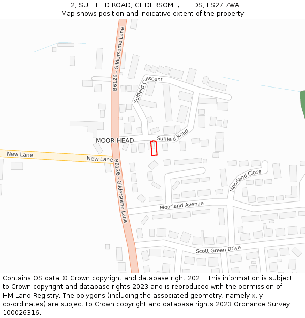 12, SUFFIELD ROAD, GILDERSOME, LEEDS, LS27 7WA: Location map and indicative extent of plot