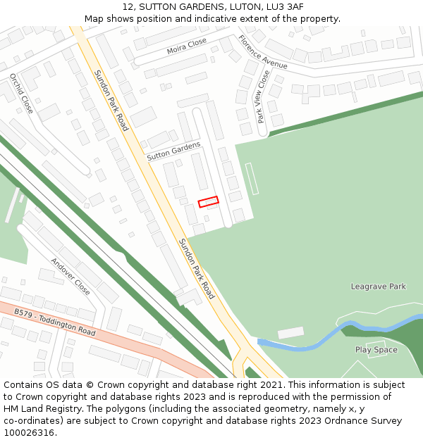 12, SUTTON GARDENS, LUTON, LU3 3AF: Location map and indicative extent of plot