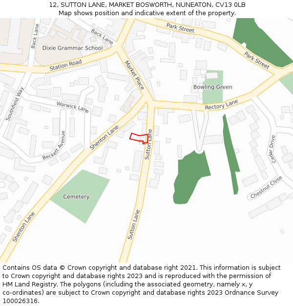 12, SUTTON LANE, MARKET BOSWORTH, NUNEATON, CV13 0LB: Location map and indicative extent of plot