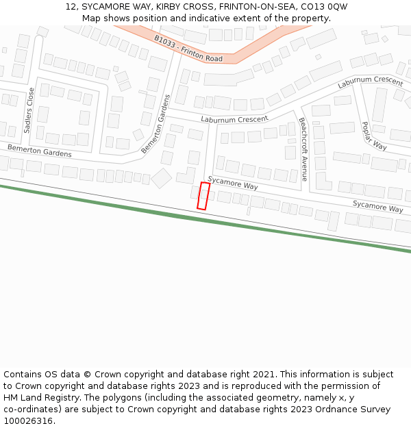 12, SYCAMORE WAY, KIRBY CROSS, FRINTON-ON-SEA, CO13 0QW: Location map and indicative extent of plot