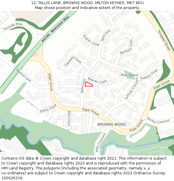 12, TALLIS LANE, BROWNS WOOD, MILTON KEYNES, MK7 8DU: Location map and indicative extent of plot