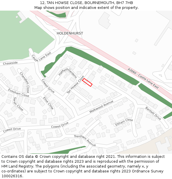 12, TAN HOWSE CLOSE, BOURNEMOUTH, BH7 7HB: Location map and indicative extent of plot