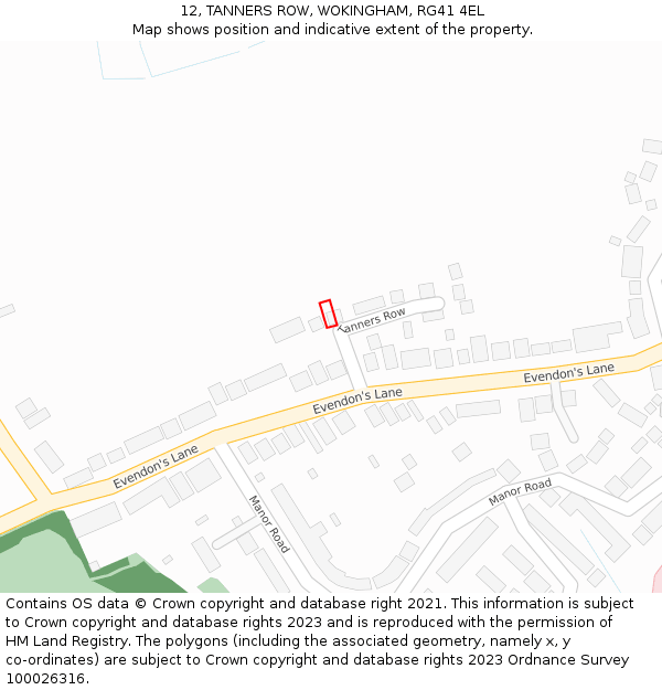 12, TANNERS ROW, WOKINGHAM, RG41 4EL: Location map and indicative extent of plot
