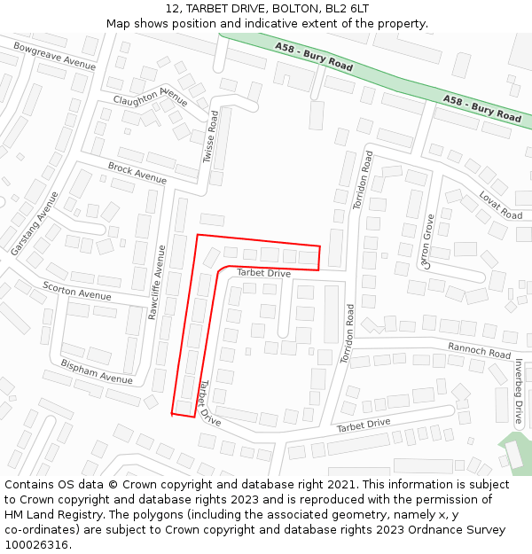 12, TARBET DRIVE, BOLTON, BL2 6LT: Location map and indicative extent of plot