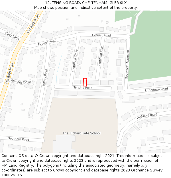 12, TENSING ROAD, CHELTENHAM, GL53 9LX: Location map and indicative extent of plot