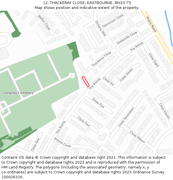 12, THACKERAY CLOSE, EASTBOURNE, BN23 7TJ: Location map and indicative extent of plot