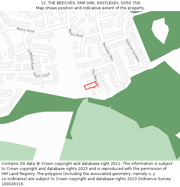 12, THE BEECHES, FAIR OAK, EASTLEIGH, SO50 7NS: Location map and indicative extent of plot