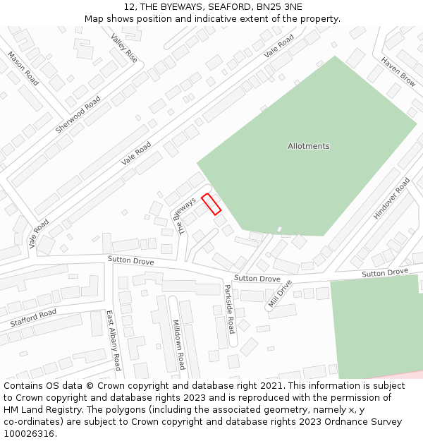 12, THE BYEWAYS, SEAFORD, BN25 3NE: Location map and indicative extent of plot