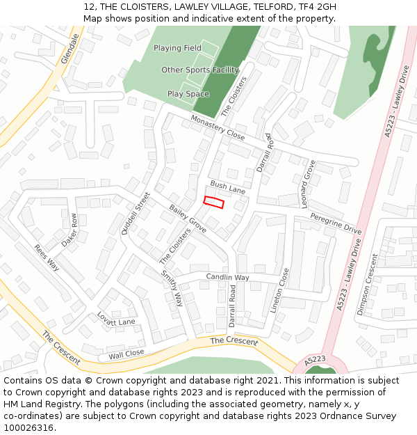 12, THE CLOISTERS, LAWLEY VILLAGE, TELFORD, TF4 2GH: Location map and indicative extent of plot