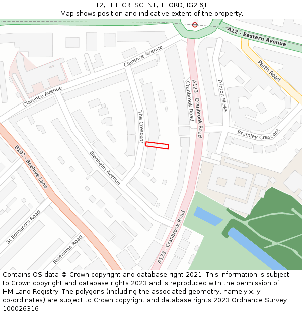 12, THE CRESCENT, ILFORD, IG2 6JF: Location map and indicative extent of plot