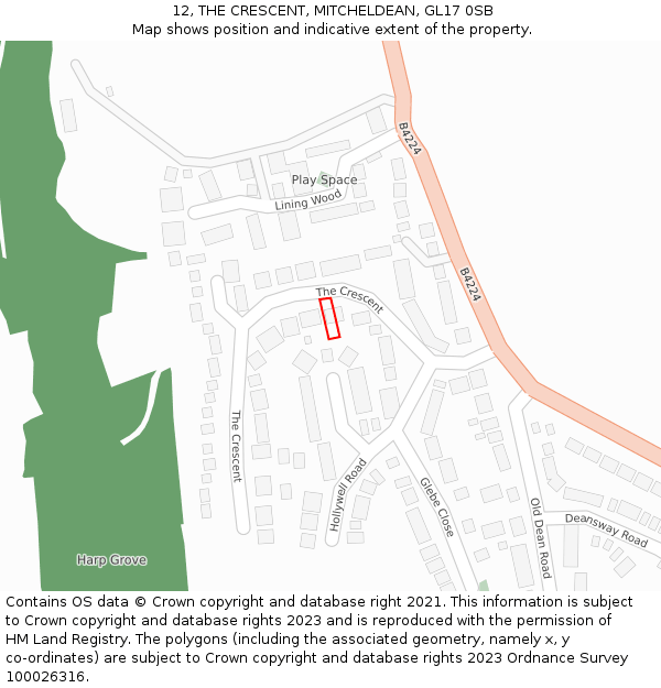 12, THE CRESCENT, MITCHELDEAN, GL17 0SB: Location map and indicative extent of plot