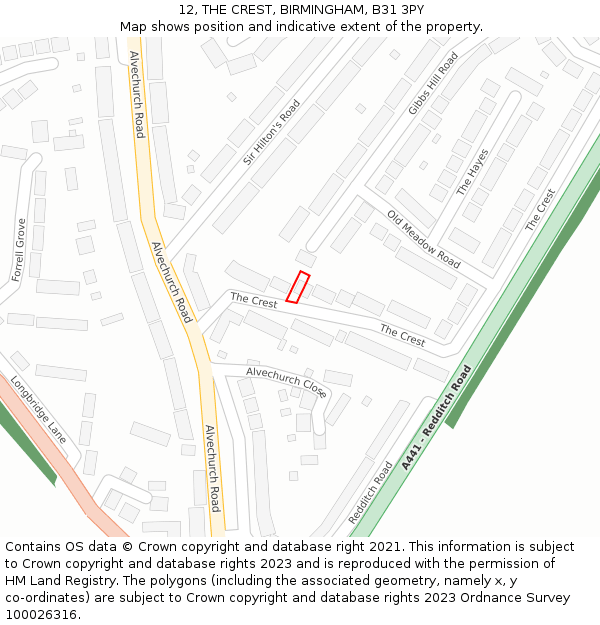 12, THE CREST, BIRMINGHAM, B31 3PY: Location map and indicative extent of plot