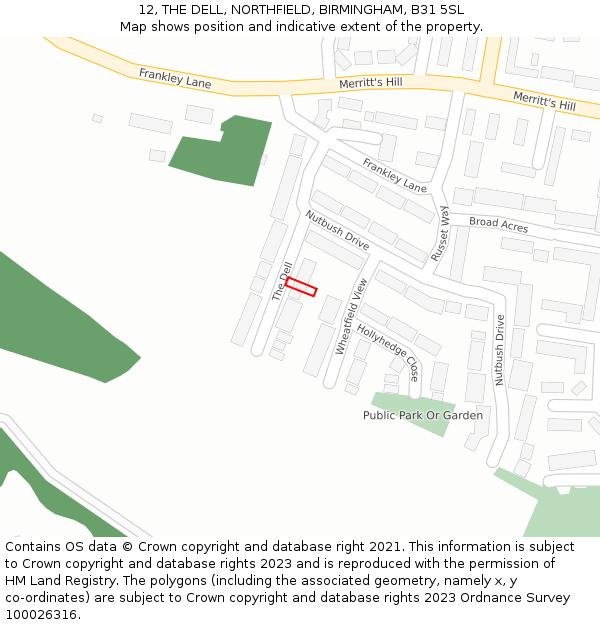 12, THE DELL, NORTHFIELD, BIRMINGHAM, B31 5SL: Location map and indicative extent of plot