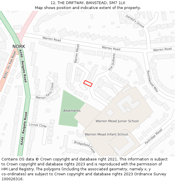 12, THE DRIFTWAY, BANSTEAD, SM7 1LX: Location map and indicative extent of plot