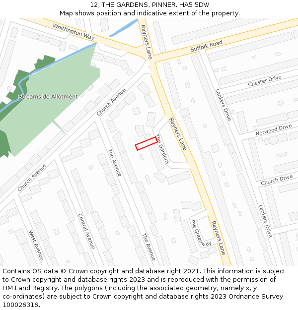 12, THE GARDENS, PINNER, HA5 5DW: Location map and indicative extent of plot