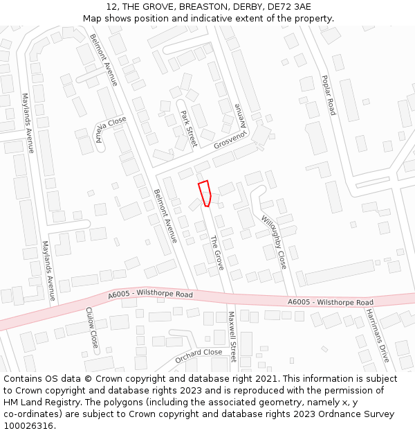 12, THE GROVE, BREASTON, DERBY, DE72 3AE: Location map and indicative extent of plot