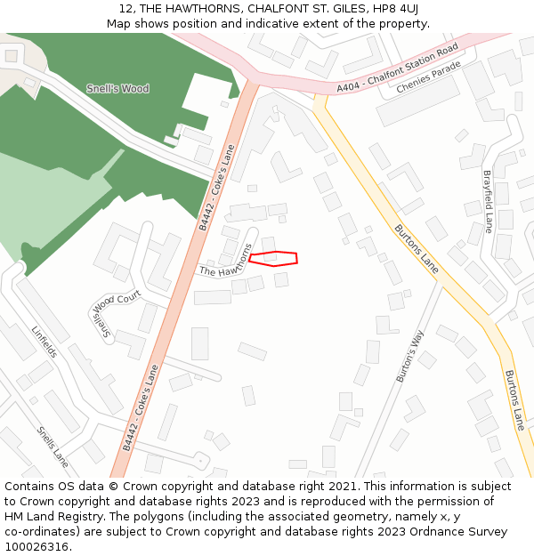 12, THE HAWTHORNS, CHALFONT ST. GILES, HP8 4UJ: Location map and indicative extent of plot