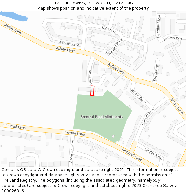 12, THE LAWNS, BEDWORTH, CV12 0NG: Location map and indicative extent of plot