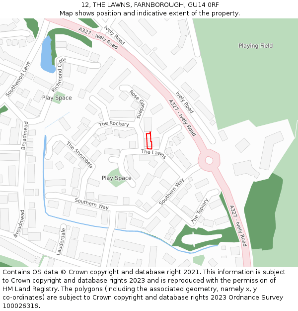 12, THE LAWNS, FARNBOROUGH, GU14 0RF: Location map and indicative extent of plot