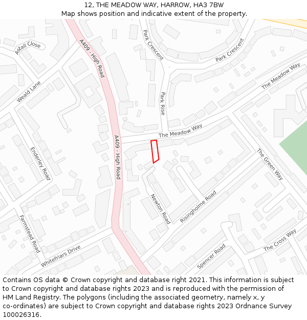 12, THE MEADOW WAY, HARROW, HA3 7BW: Location map and indicative extent of plot