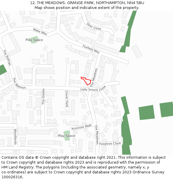 12, THE MEADOWS, GRANGE PARK, NORTHAMPTON, NN4 5BU: Location map and indicative extent of plot