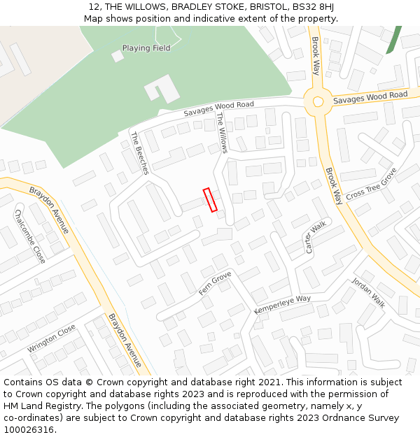 12, THE WILLOWS, BRADLEY STOKE, BRISTOL, BS32 8HJ: Location map and indicative extent of plot