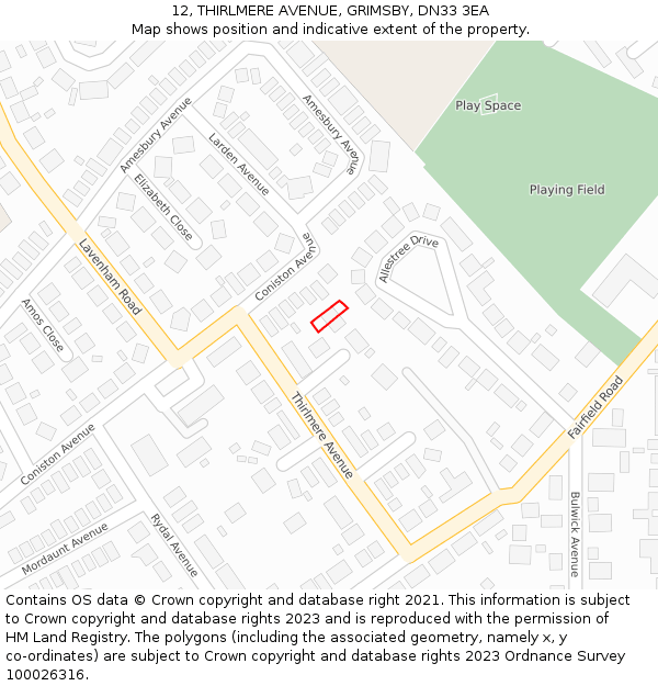 12, THIRLMERE AVENUE, GRIMSBY, DN33 3EA: Location map and indicative extent of plot