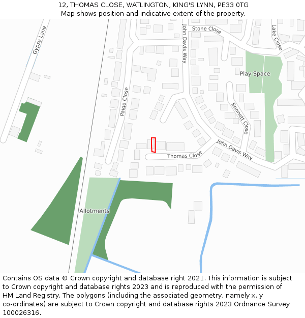 12, THOMAS CLOSE, WATLINGTON, KING'S LYNN, PE33 0TG: Location map and indicative extent of plot