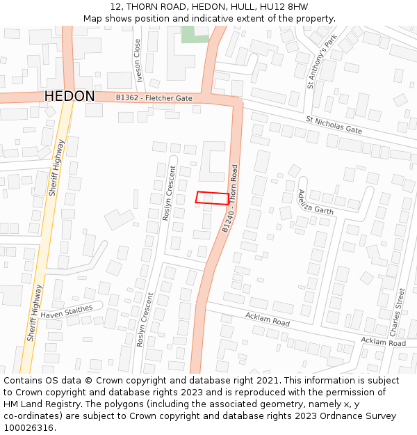 12, THORN ROAD, HEDON, HULL, HU12 8HW: Location map and indicative extent of plot