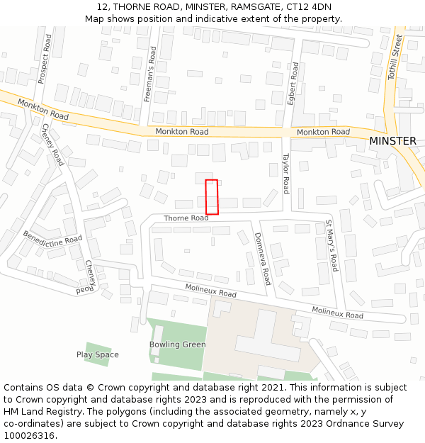 12, THORNE ROAD, MINSTER, RAMSGATE, CT12 4DN: Location map and indicative extent of plot