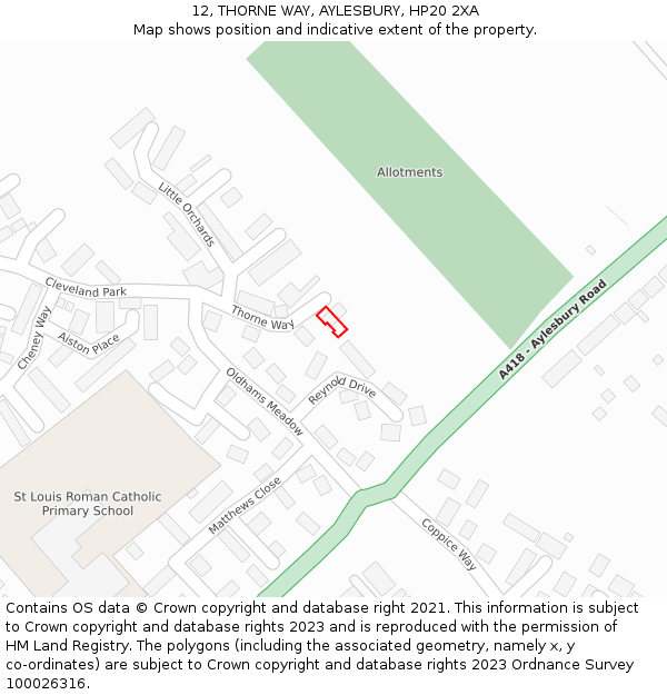 12, THORNE WAY, AYLESBURY, HP20 2XA: Location map and indicative extent of plot