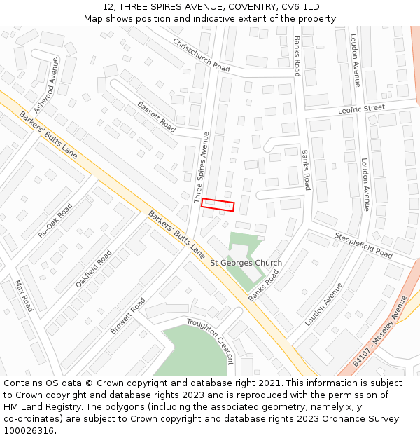 12, THREE SPIRES AVENUE, COVENTRY, CV6 1LD: Location map and indicative extent of plot