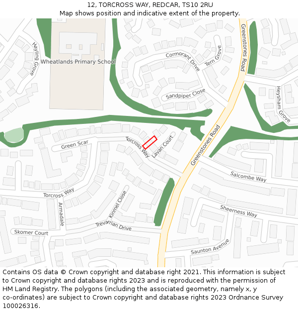12, TORCROSS WAY, REDCAR, TS10 2RU: Location map and indicative extent of plot