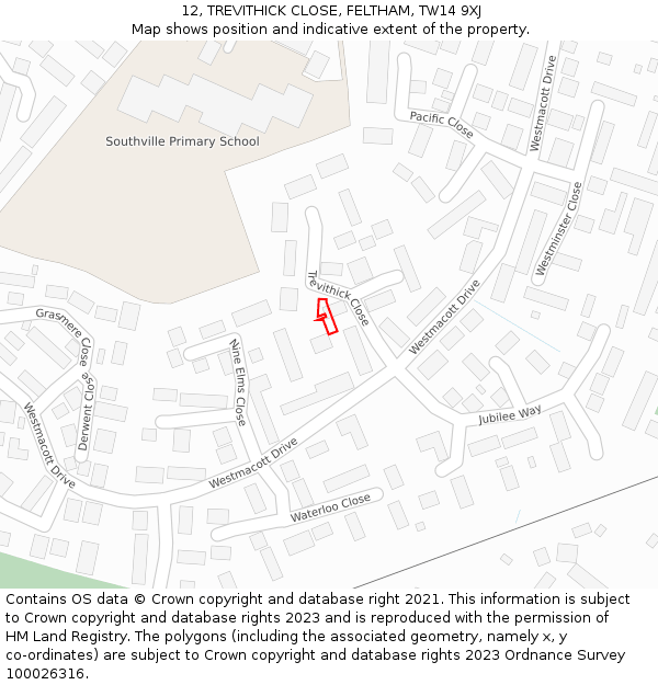12, TREVITHICK CLOSE, FELTHAM, TW14 9XJ: Location map and indicative extent of plot