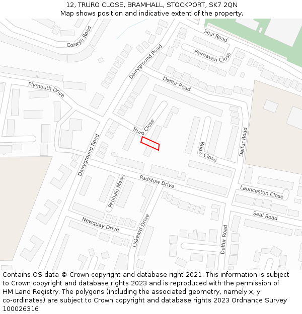 12, TRURO CLOSE, BRAMHALL, STOCKPORT, SK7 2QN: Location map and indicative extent of plot