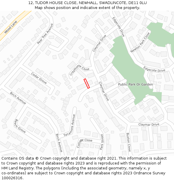 12, TUDOR HOUSE CLOSE, NEWHALL, SWADLINCOTE, DE11 0LU: Location map and indicative extent of plot