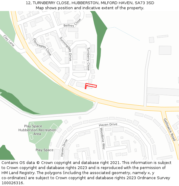 12, TURNBERRY CLOSE, HUBBERSTON, MILFORD HAVEN, SA73 3SD: Location map and indicative extent of plot